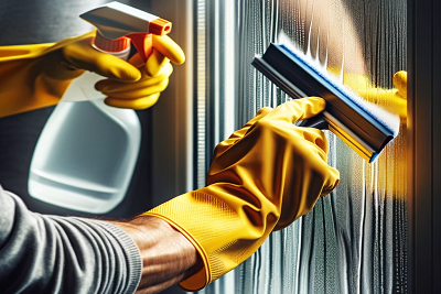 Hände in gelben Handschuhen, die ein graues Kunststofffenster putzen
