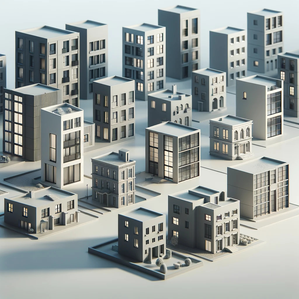 Modelstadt aus der Vogelperspektive; bestehend aus Häusern mit grauen Kunststofffenstern